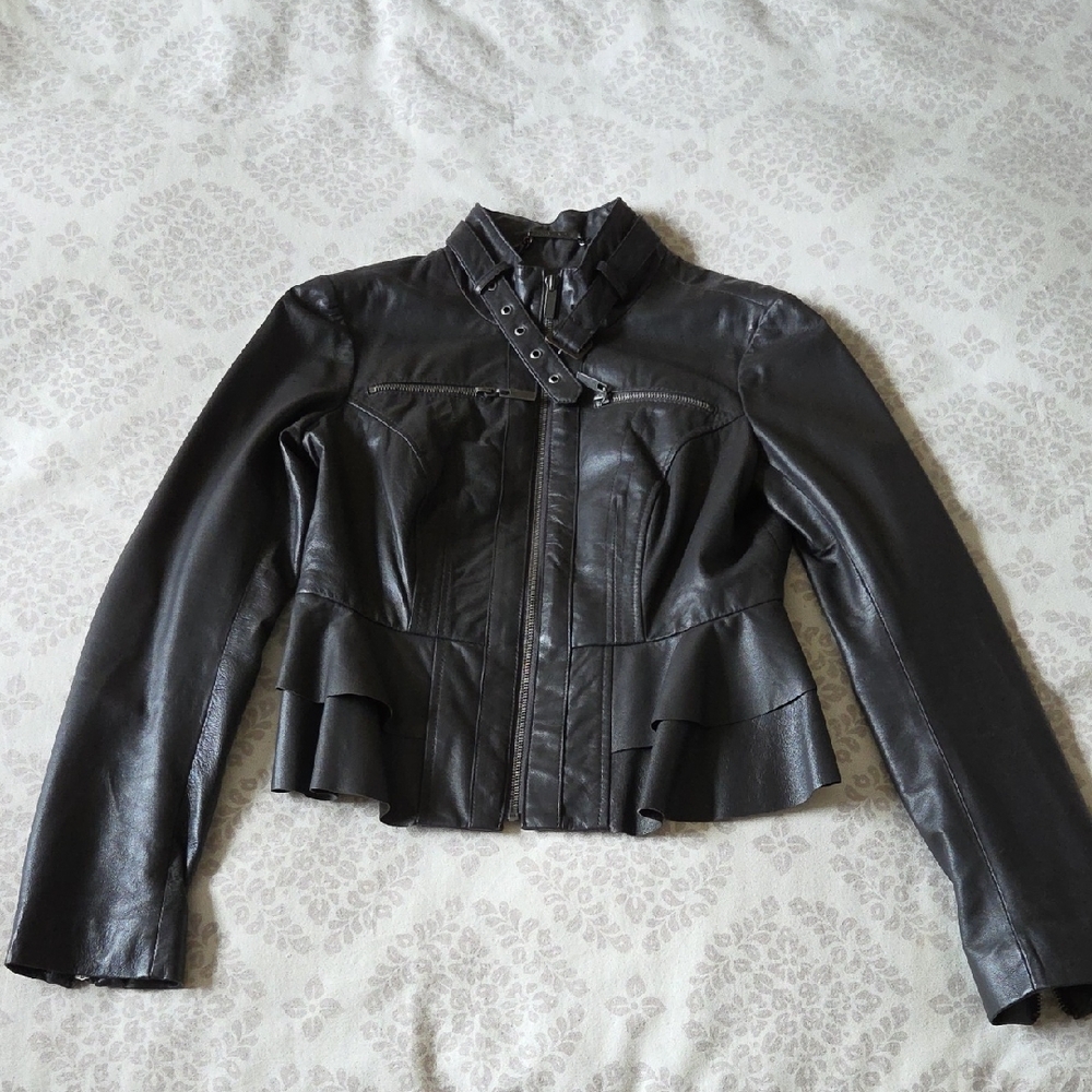 Blanc Noir Women's Dark Leather Jacket with Buckle